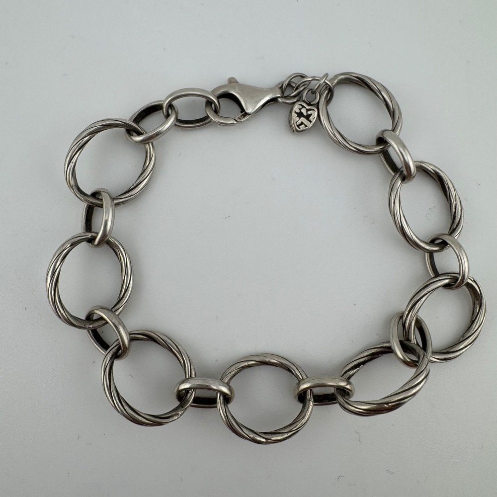 Womens Link Bracelet 8in Silver Twisted Rope Circle Heart Charm 925